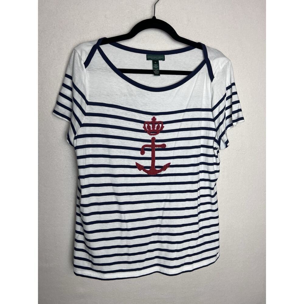 Lauren Jeans Company Women's Short Sleeve Blue Striped Red Anchor Accent Size XL